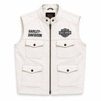 Men's White Leather Harley Davidson Biker Vest with Utility Pockets