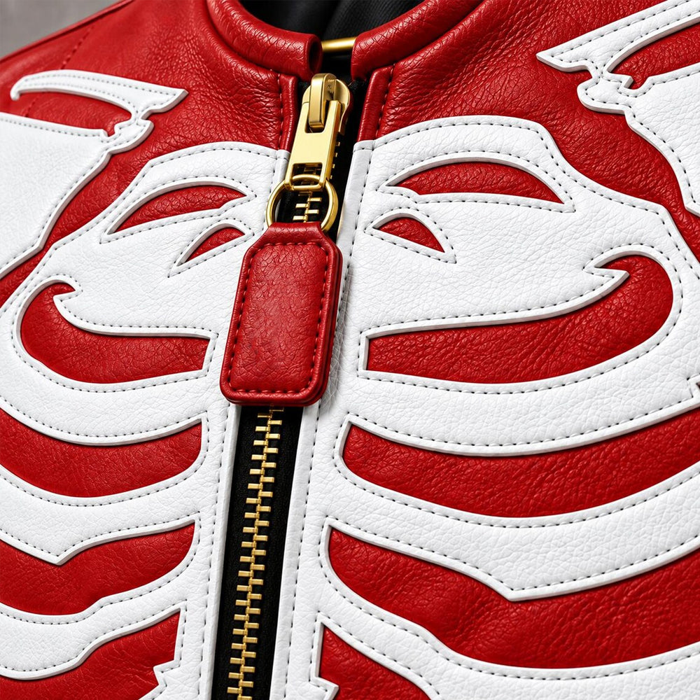 Bone Riot Men’s Red Skeleton Leather Biker Jacket
