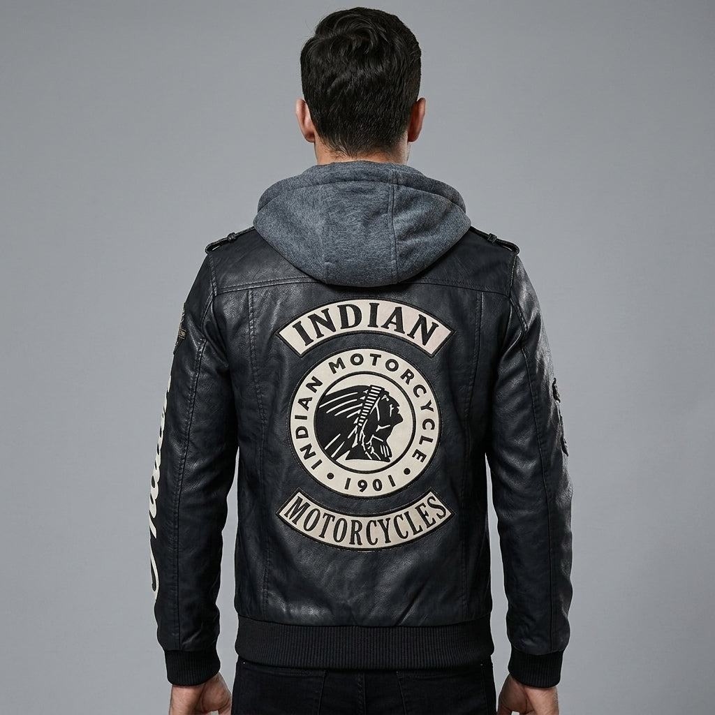 Men’s Indian-Style Leather Biker Jacket – Real Leather Hooded Moto Bomber
