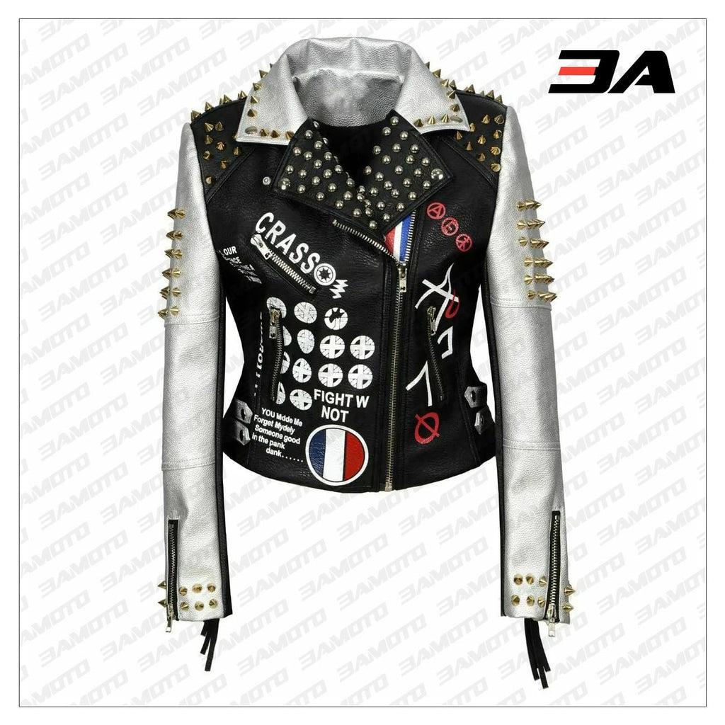 Women Punk Biker Jacket Letter Print Graffiti Rivet Fringe Coat