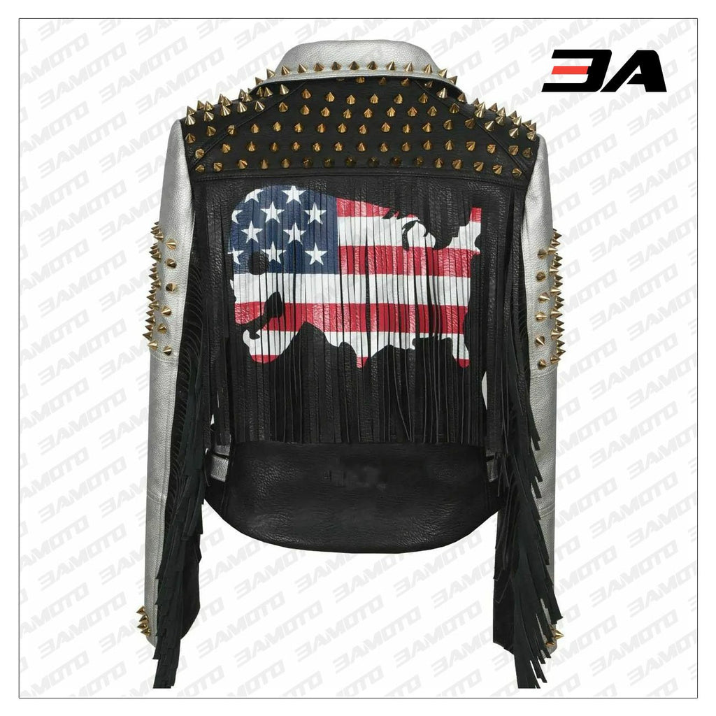 Women Punk Biker Jacket Letter Print Graffiti Rivet Fringe Coat