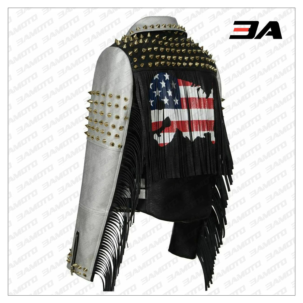 Women Punk Biker Jacket Letter Print Graffiti Rivet Fringe Coat