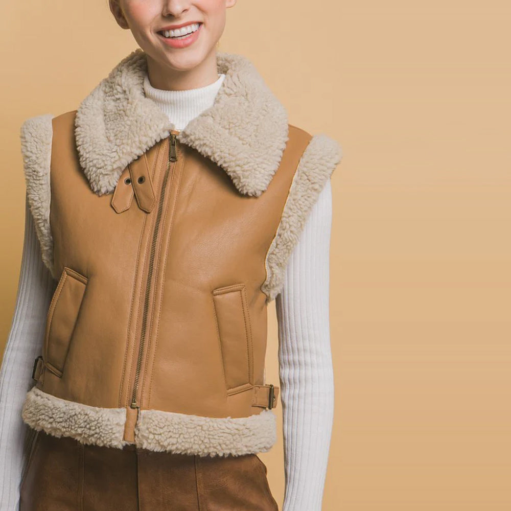 Women's Tan Shearling Leather Aviator Vest