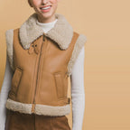 Women's Tan Shearling Leather Aviator Vest