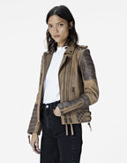 Women's Beige Cafe Racer Leather Jacket with Gray Quilts