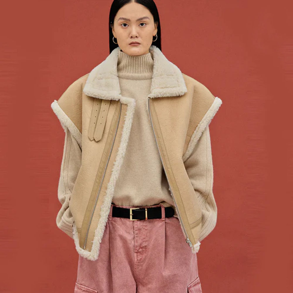 Women's Beige Sheepskin Shearling Aviator Vest