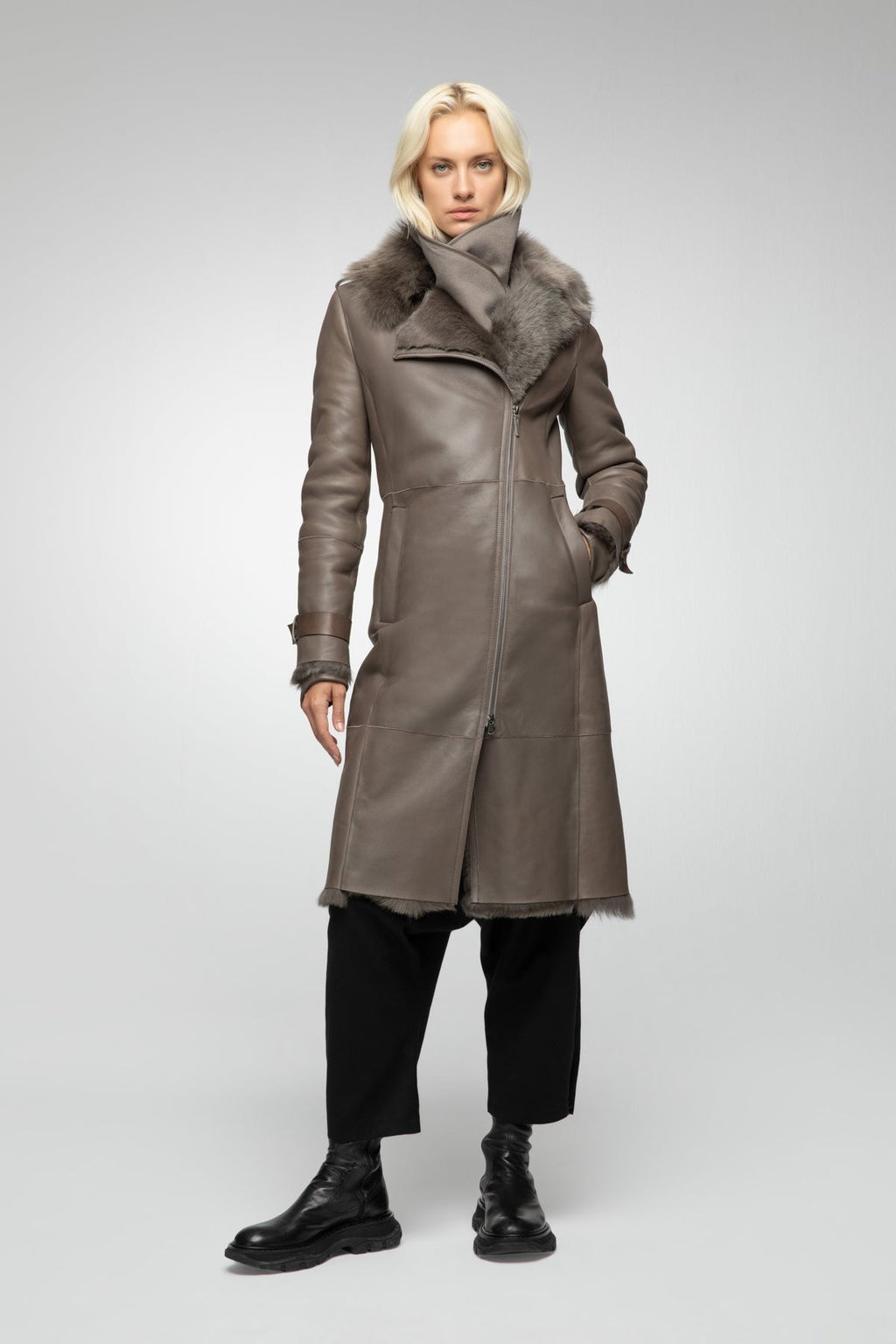 Women's Brown Belted Fur Shearling Leather Coat