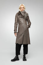 Women's Brown Belted Fur Shearling Leather Coat