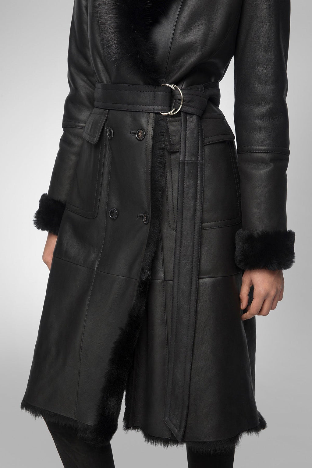 Women's Black Belted Shearling Bomber Leather Coat