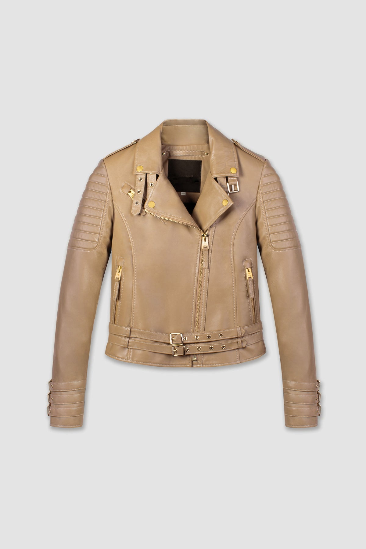 Women's Beige Biker Cafe Racer Leather Jacket