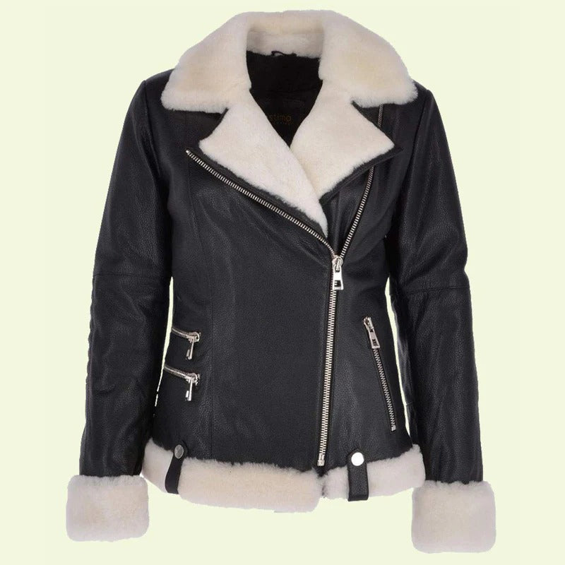 Women’s Black Biker Shearling Leather Jacket – White Fur Lining