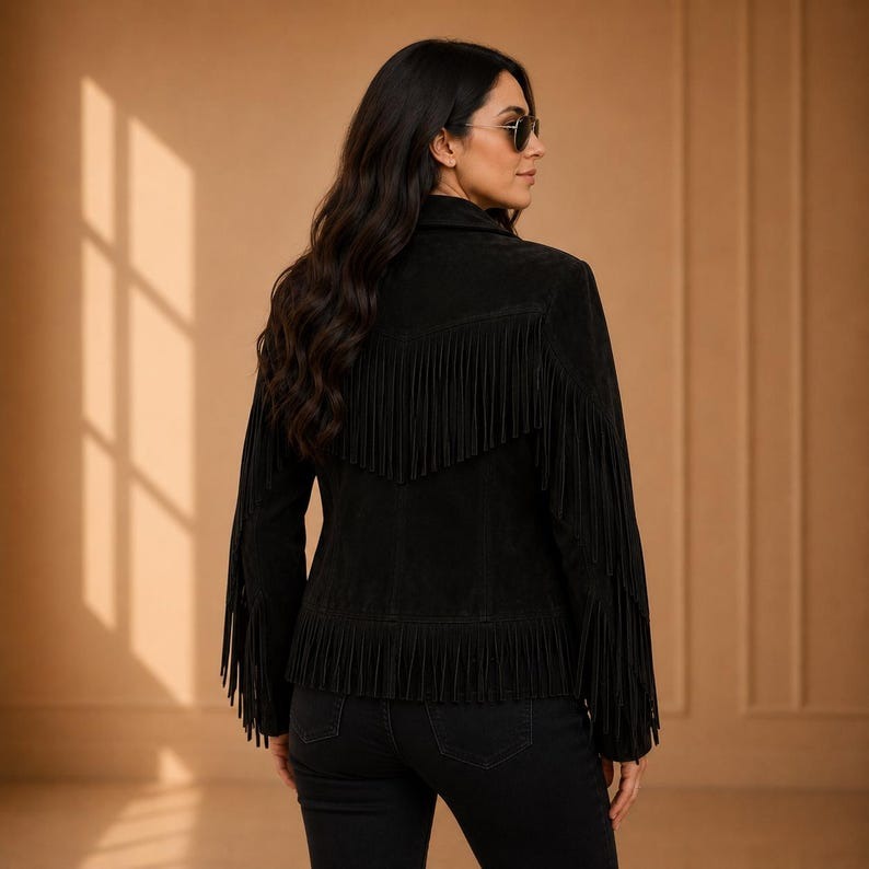 Women's Black Fringe Suede Jacket - Cropped Western Cowgirl Tassel Coat