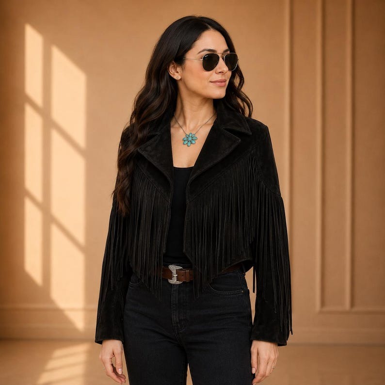 Women's Black Fringe Suede Jacket - Cropped Western Cowgirl Tassel Coat