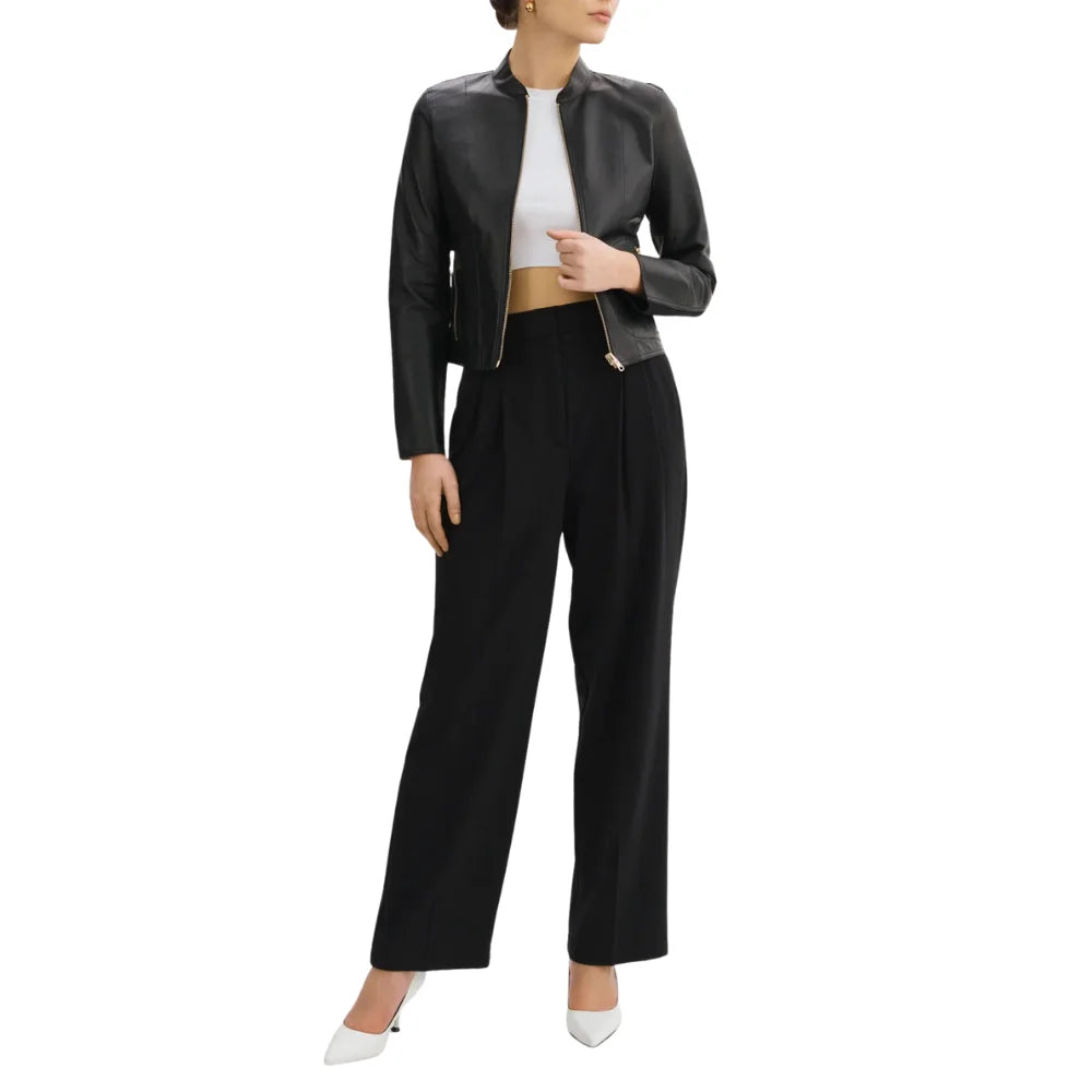 Womens Black Reversible Leather Bomber Jacket