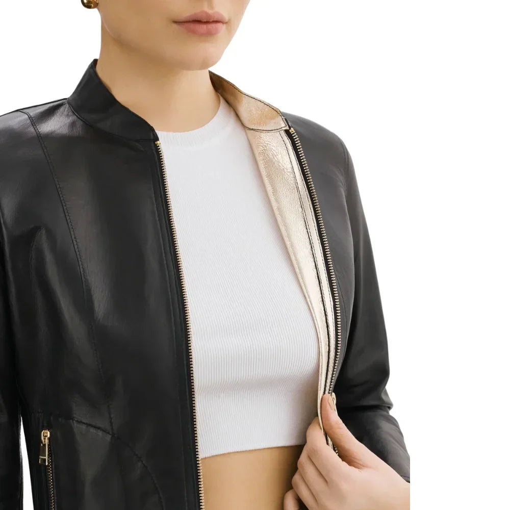 Womens Black Reversible Leather Bomber Jacket