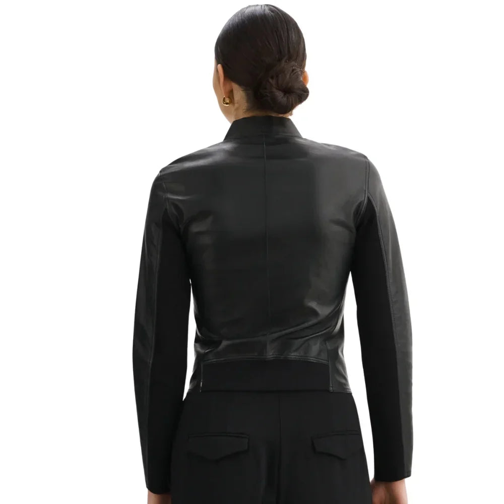 Womens Black Reversible Leather Bomber Jacket
