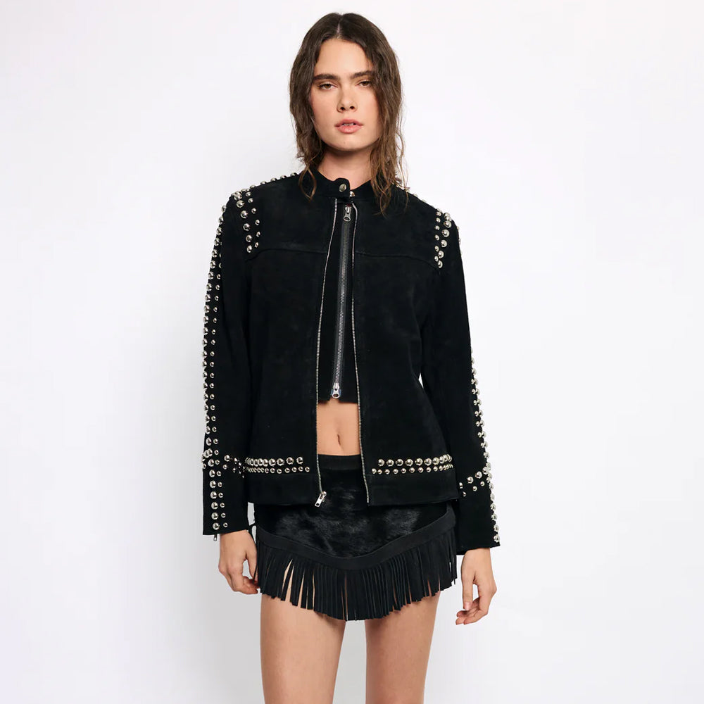 Premium Women’s Black Suede Studded Looker Jacket | Oversized Racer Leather Coat