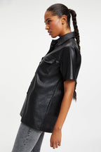 Women's Black Half Sleeve Trucker Leather Shirt with Classic Fit