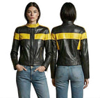 Women's Black Yellow Vintage Motorcycle Leather Jacket