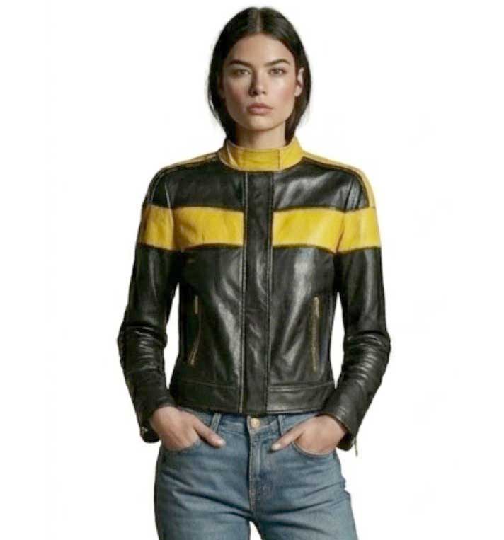 Women's Black Yellow Vintage Motorcycle Leather Jacket