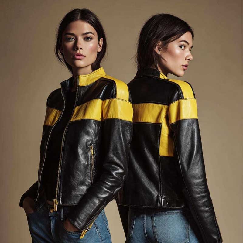 Women's Black Yellow Vintage Motorcycle Leather Jacket