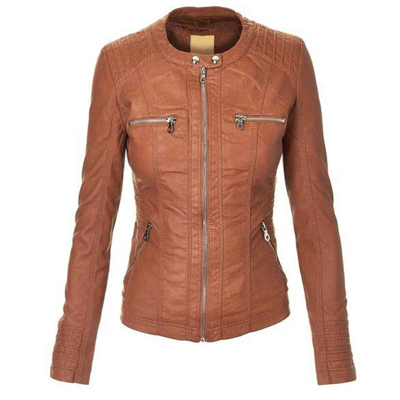 Women’s Brown Faux Leather Zip Up Jacket with Hood