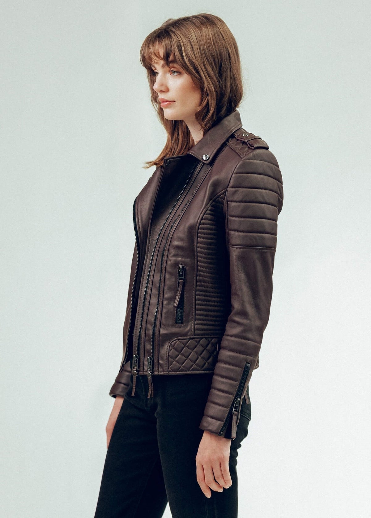 Women's Dark Brown Cafe Racer Leather Biker Jacket