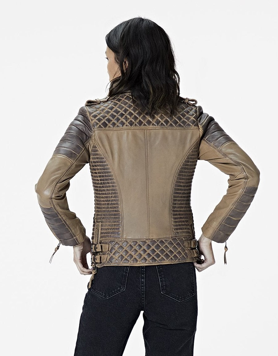 Women's Beige Cafe Racer Leather Jacket with Gray Quilts