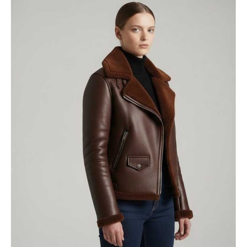 Women's Chocolate Brown Sheepskin Leather Moto Jacket - Handcrafted Minimal Classic Style