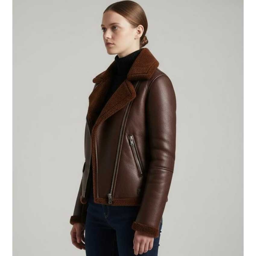 Women's Chocolate Brown Sheepskin Leather Moto Jacket - Handcrafted Minimal Classic Style