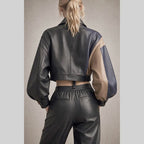 Women’s Color Block Cropped Leather Jacket | Asymmetric Moto Biker Jacket