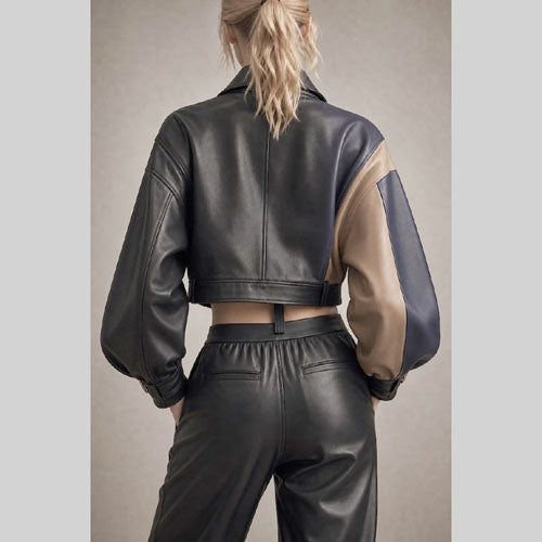 Women’s Color Block Cropped Leather Jacket | Asymmetric Moto Biker Jacket