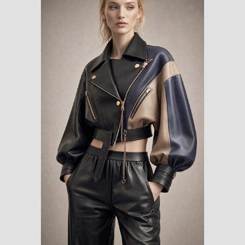 Women’s Color Block Cropped Leather Jacket | Asymmetric Moto Biker Jacket
