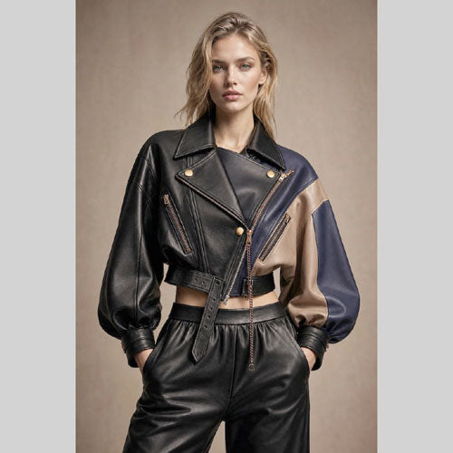 Women’s Color Block Cropped Leather Jacket | Asymmetric Moto Biker Jacket