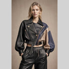 Women’s Color Block Cropped Leather Jacket | Asymmetric Moto Biker Jacket