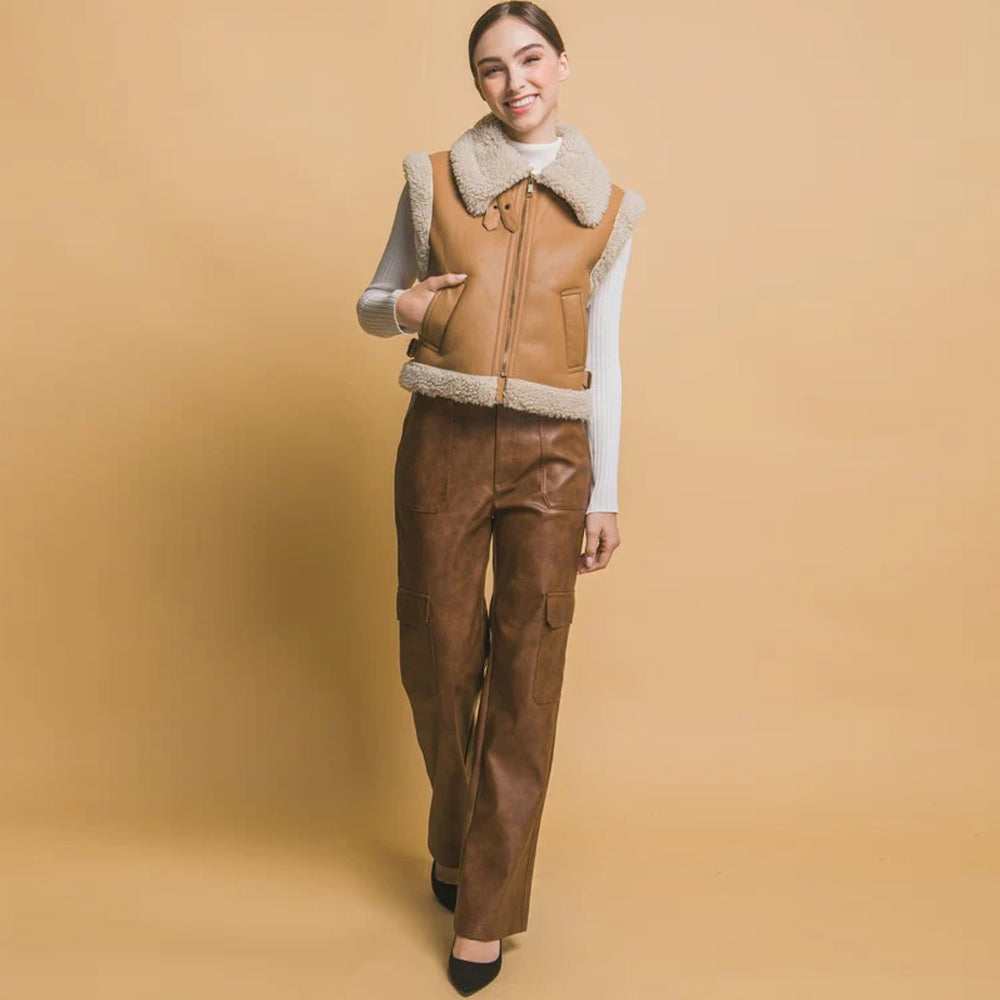 Women's Tan Shearling Leather Aviator Vest