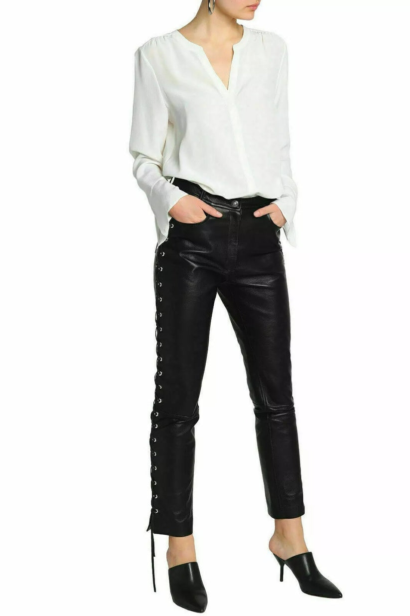 Women’s Black Lambskin Leather Designer Pants