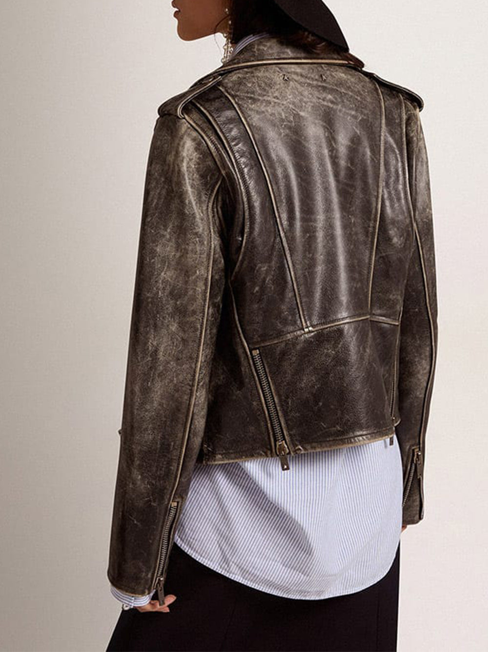 Women's Black Distressed Biker Leather Jacket
