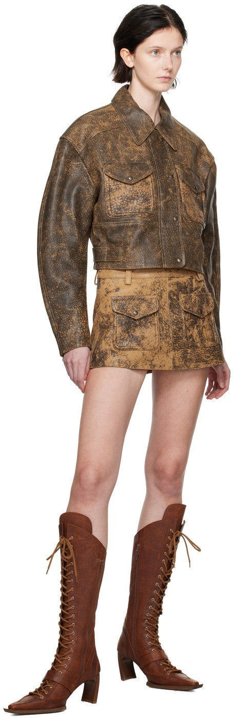 Women’s Dark Brown Distressed Trucker Leather Jacket