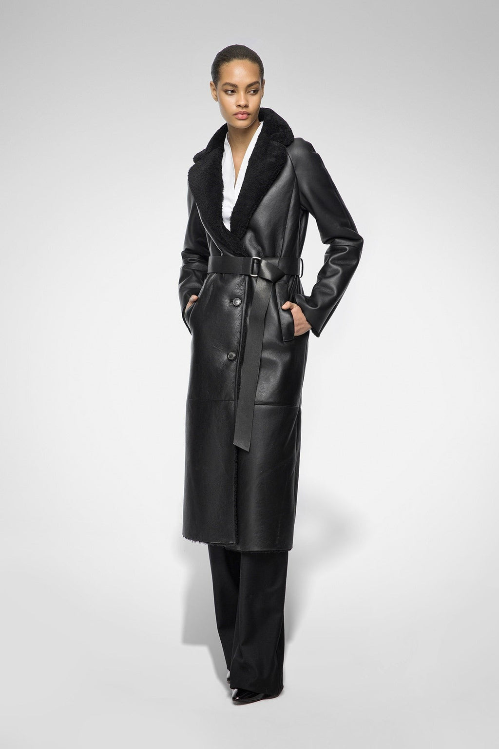 Women's Black Fur Shearling Leather Coat