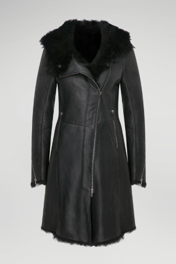 Women's Black Fur Shearling Parka Leather Coat