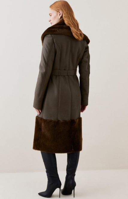 Women's Dark Brown Sheepskin Leather Trench Coat with Fur Collar