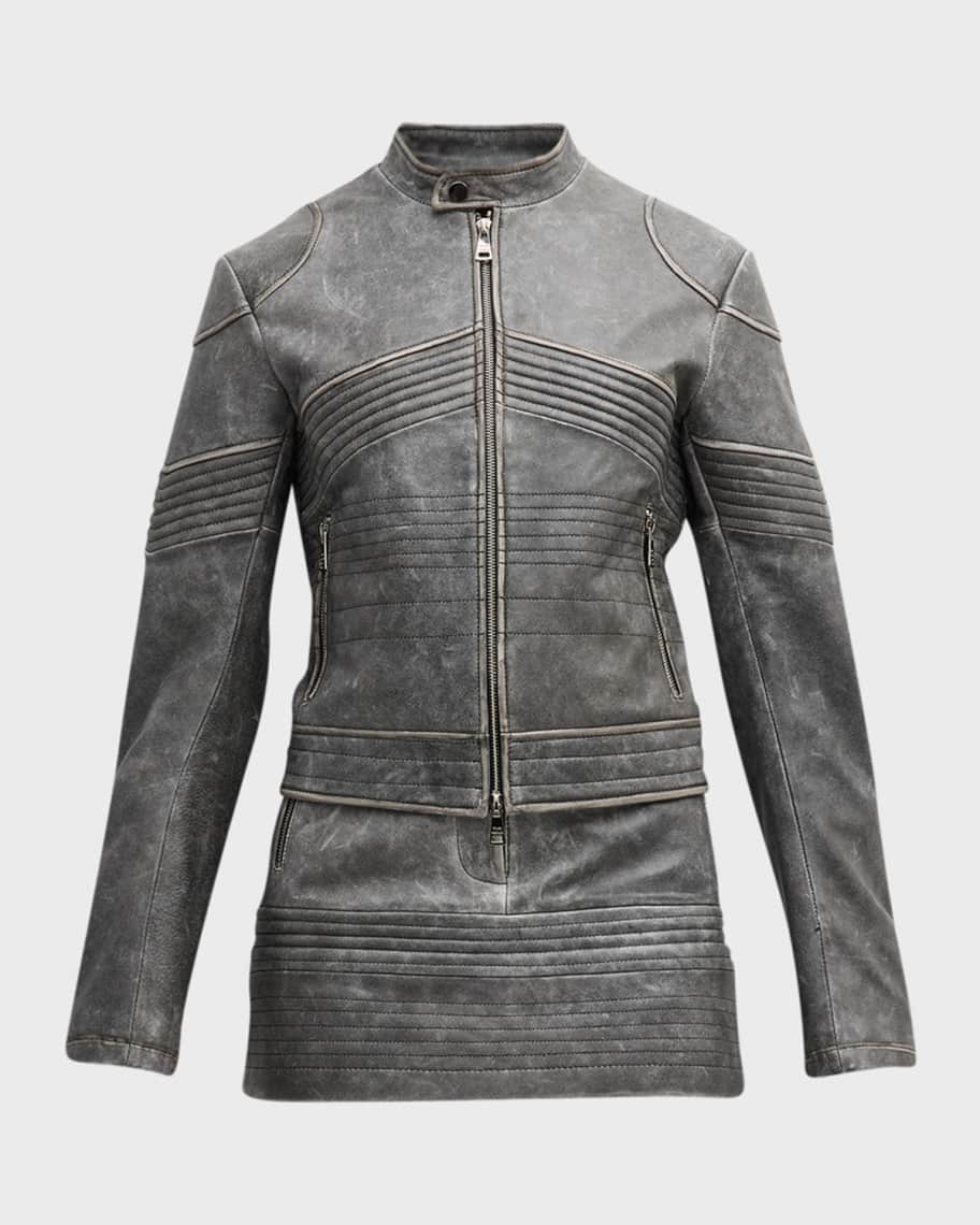 Women's Gray Distressed Leather Jacket with Vintage Flair