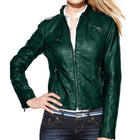 Women’s Zipper Moto Green Designer Leather Jacket