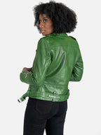 Women's Green Sheepskin Cafe Racer Leather Jacket