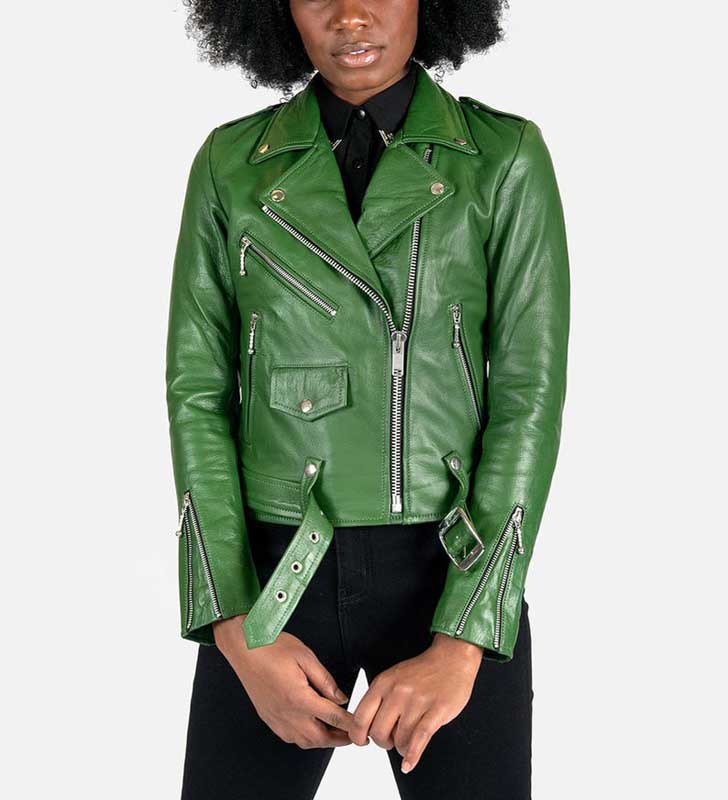 Women's Green Sheepskin Cafe Racer Leather Jacket
