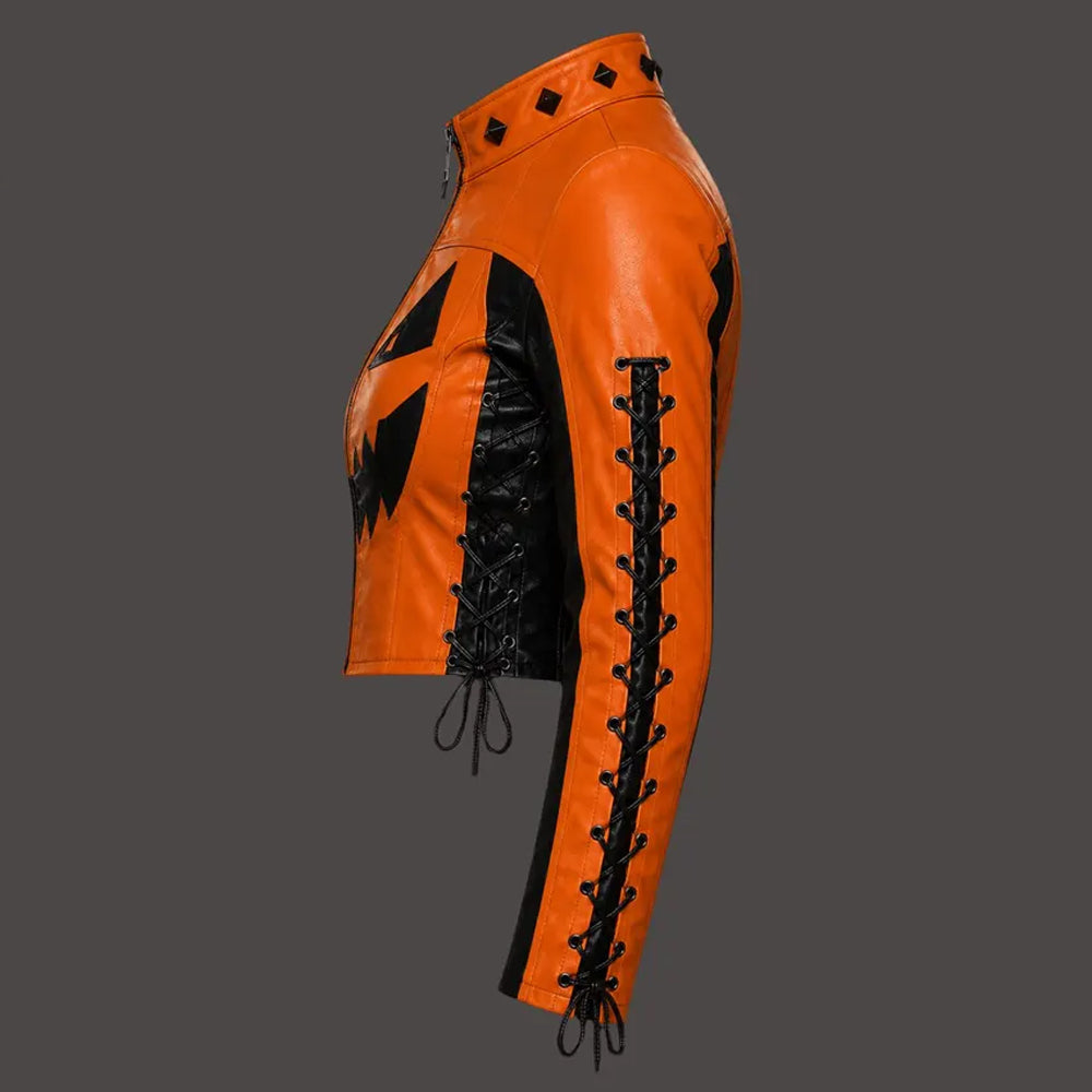Lantern-Laced Women’s Orange Pumpkin Leather Moto Jacket