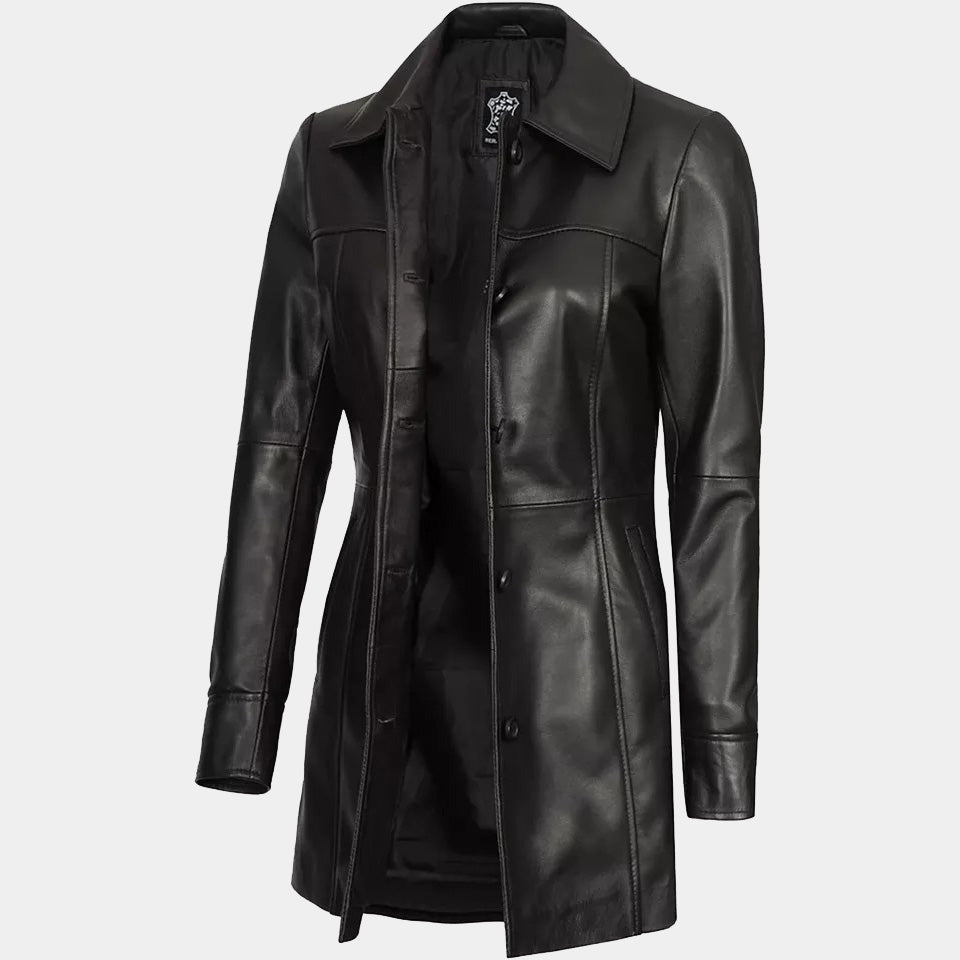 Women's Stylish Lambskin Leather Long Trench Coat