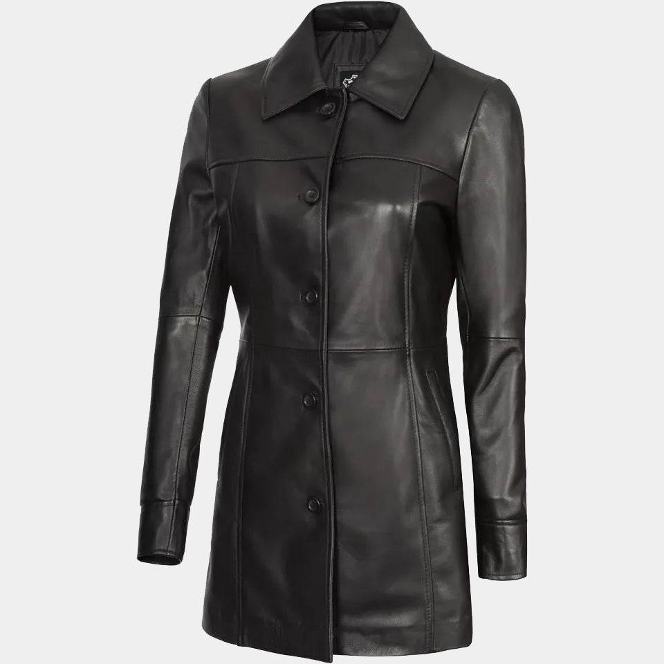 Women's Stylish Lambskin Leather Long Trench Coat