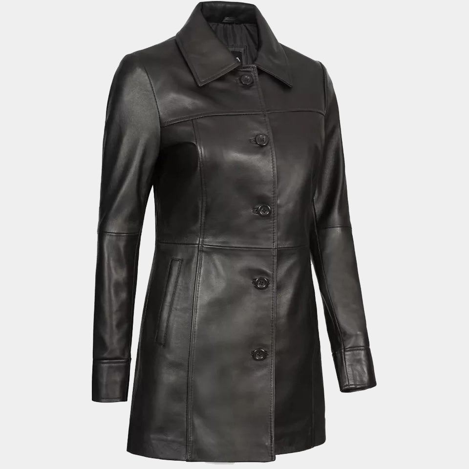 Women's Stylish Lambskin Leather Long Trench Coat